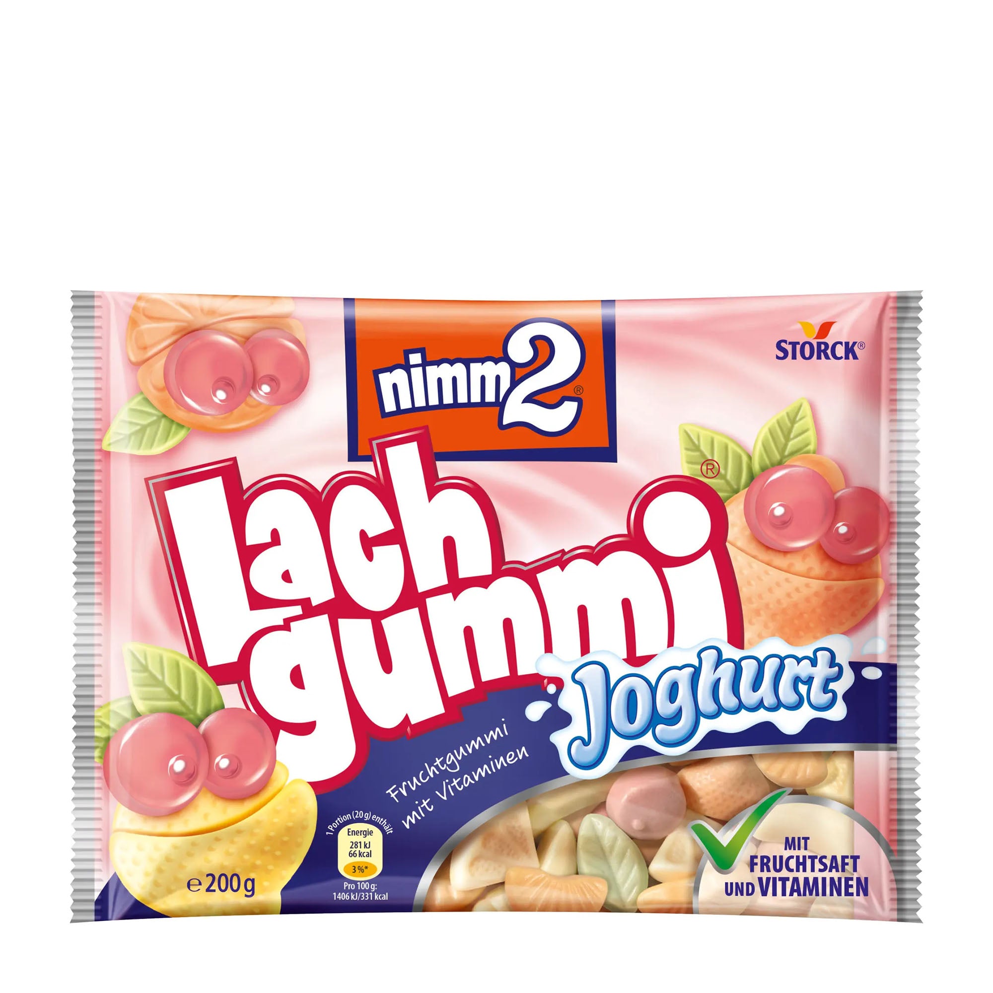 Packaging of Nimm2 Lachgummi Yogurt gummi candy with Storck branding on a white background