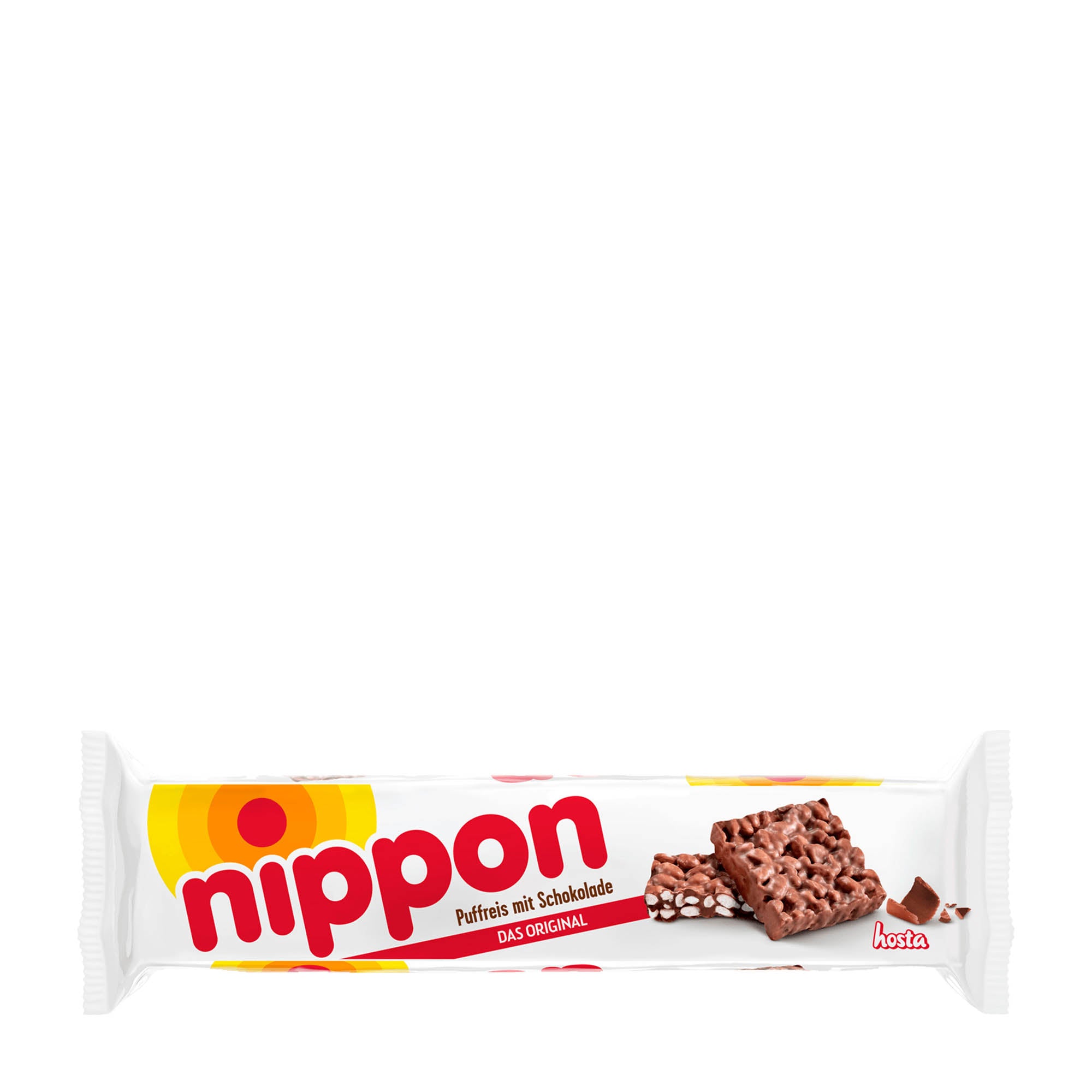 Packaging of nippon Original puffed rice & milk chocolate, showing the product name and images of the chocolate bar with puffed rice pieces.