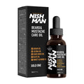 Nish Man Gold One Beard & Mustache Care Oil packaging on a white background.