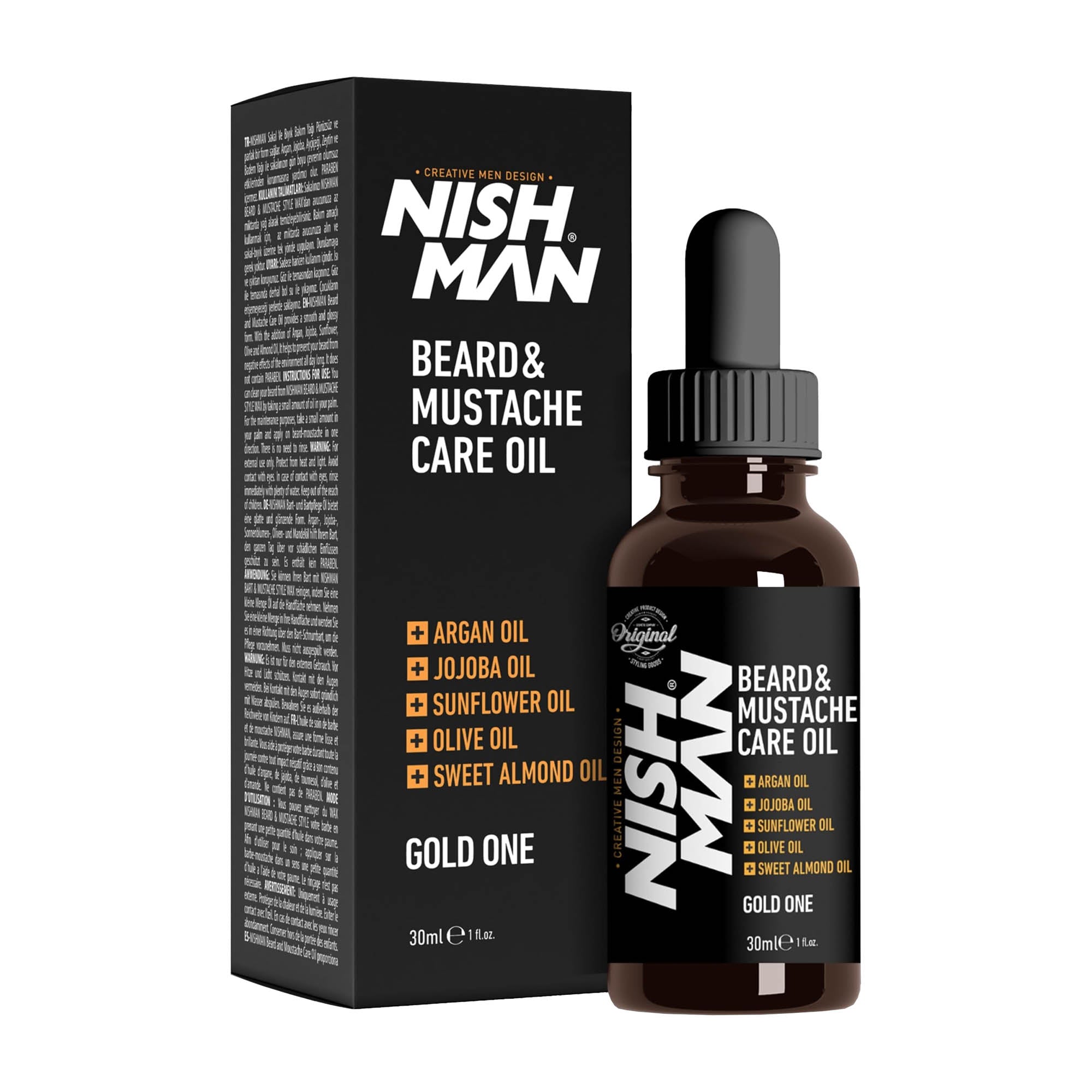 Nish Man Gold One Beard & Mustache Care Oil packaging on a white background.