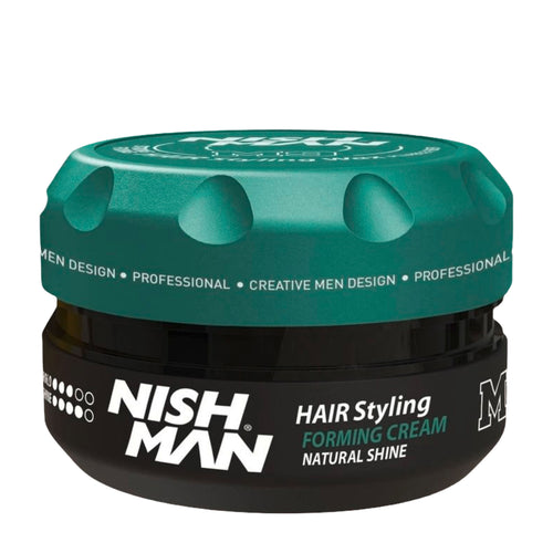 Nish Man hair styling forming cream jar with green lid on a white background
