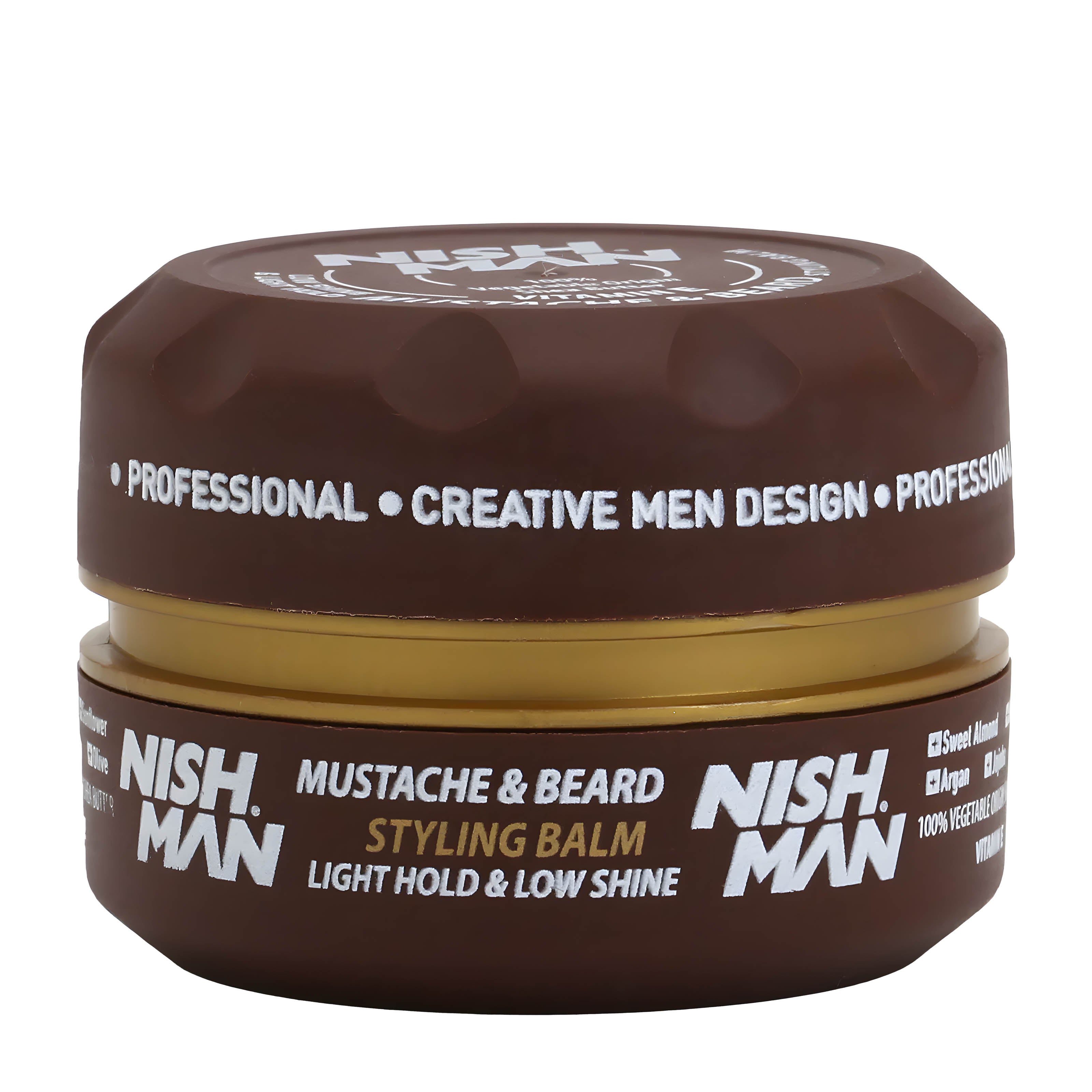 Nish Man mustache and beard styling balm jar on a white background