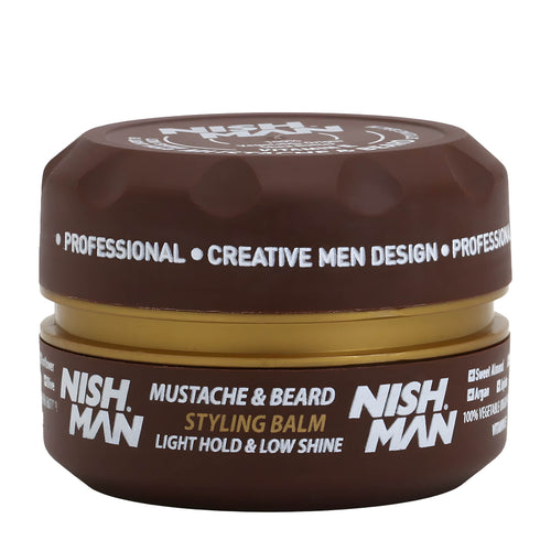 Nish Man mustache and beard styling balm jar on a white background