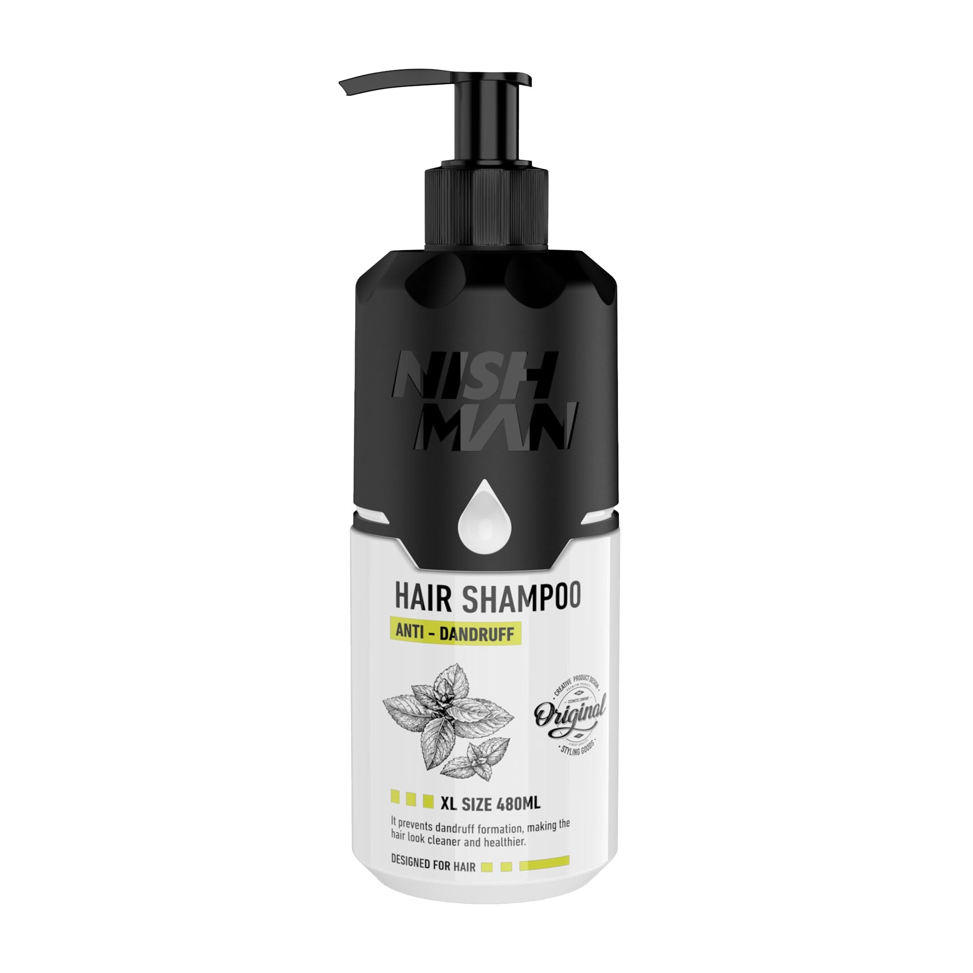 Nish Man Anti-Dandruff shampoo bottle with black pump on a white background