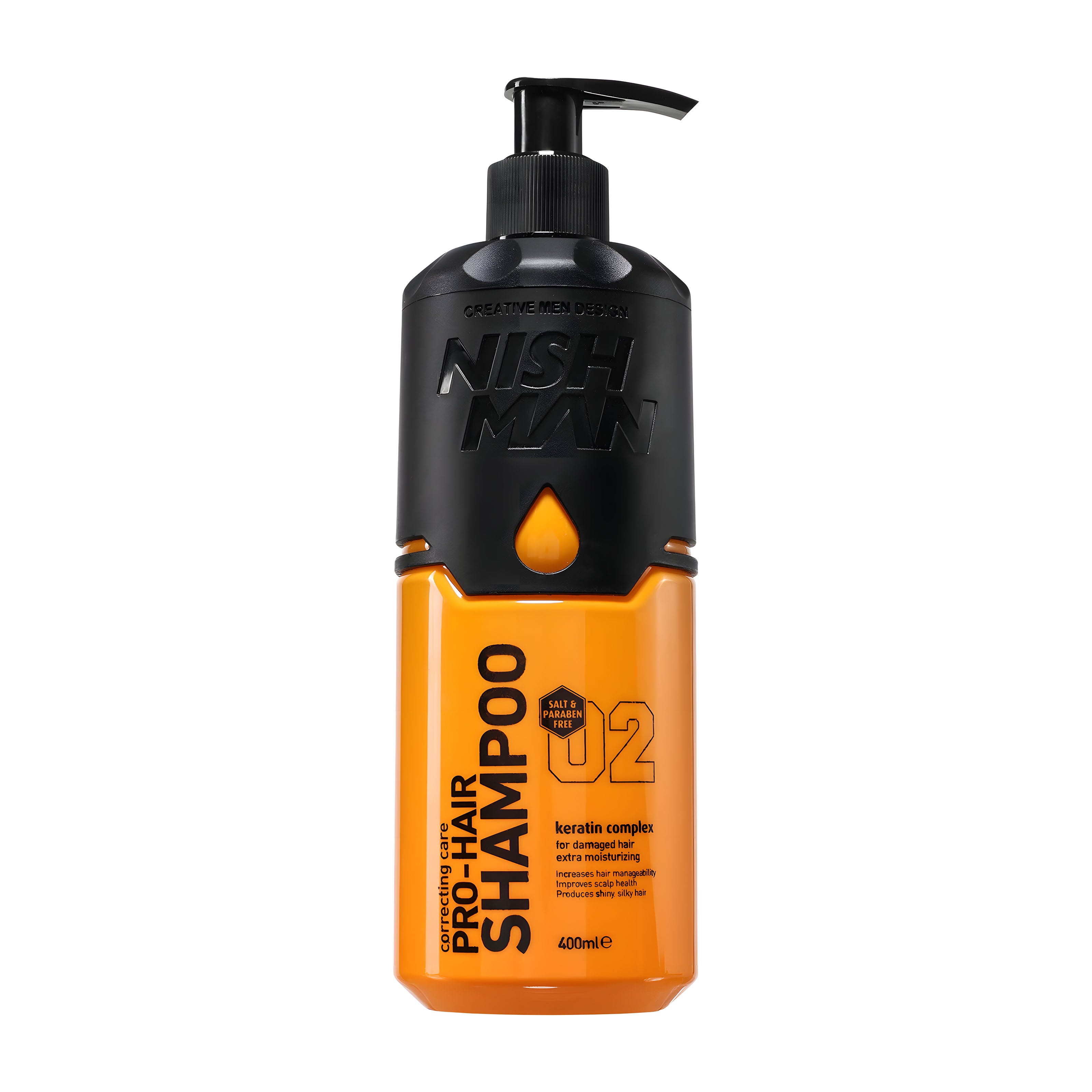 Nish Man Keratin Complex Shampoo bottle on a white background