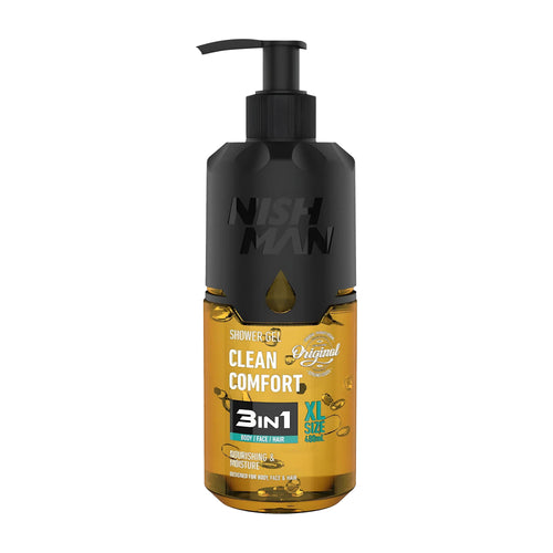 Nish Man Clean Comfort 3in1 shower gel bottle on a white background.