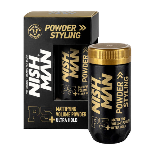 Nish Man P5+ Ultra Hold Styling Powder product with packaging on a white background