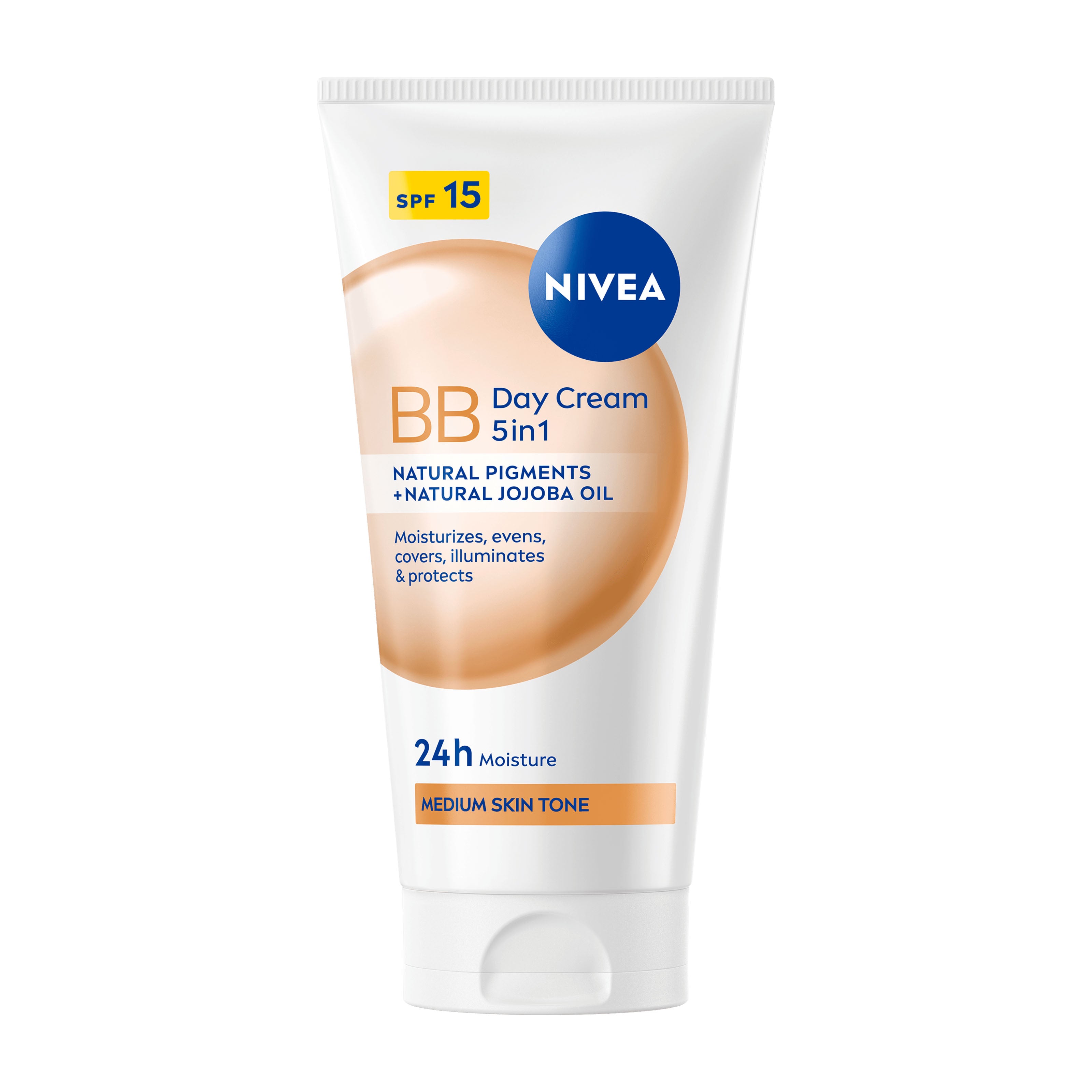 Nivea BB Day Cream 5in1 for Medium Skin Tone tube on a white background