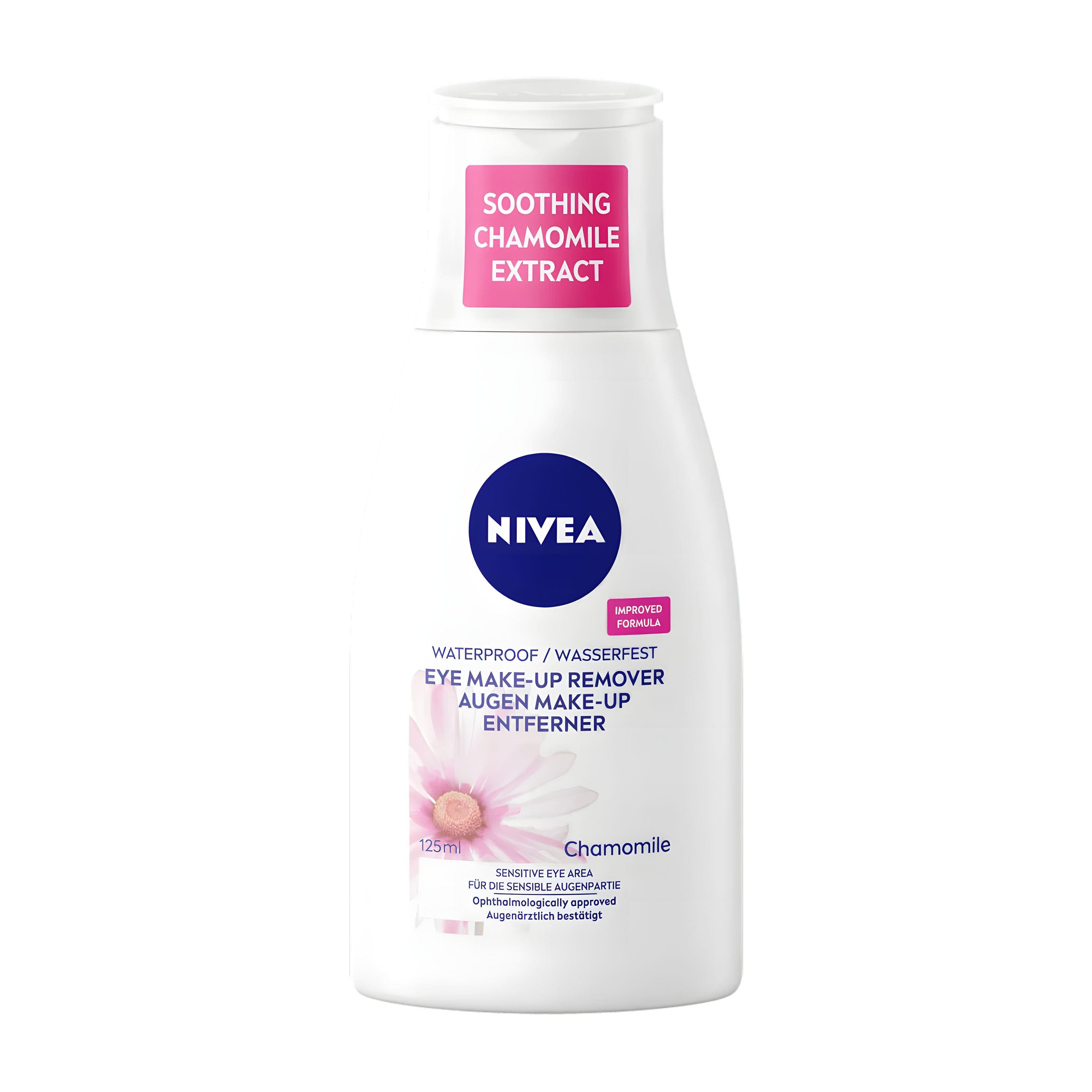Nivea Chamomile eye makeup remover bottle with chamomile extract on a white background