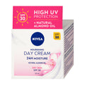Nivea nourishing day cream packaging with SPF 30 and natural almond oil on a white background