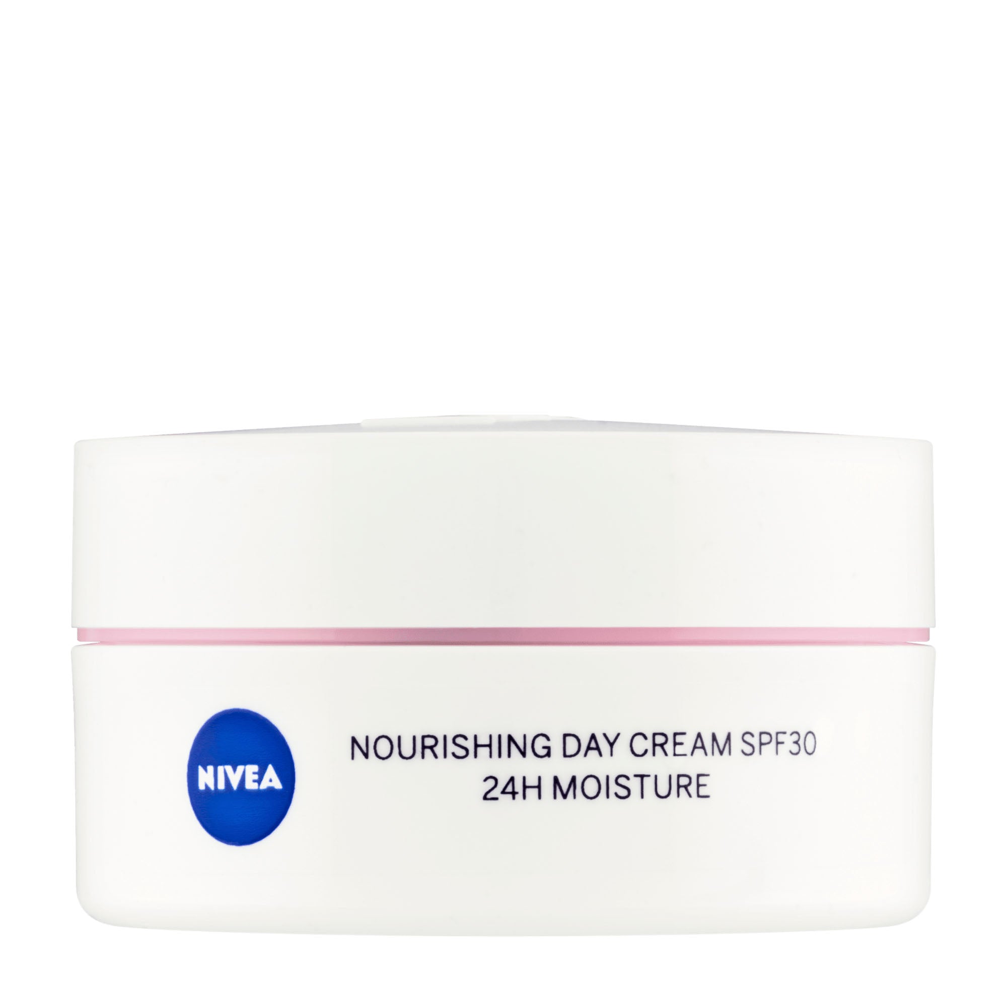Nivea nourishing day cream jar with pink lid on a white background