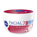 Nivea Facial 7 in 1 Ultra Light Anti-Age Cream in a white plastic jar with a white lid, featuring red and blue branding on the front and top.