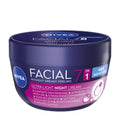 Nivea Facial Ultra Light Night cream jar with blue and pink design on a white background