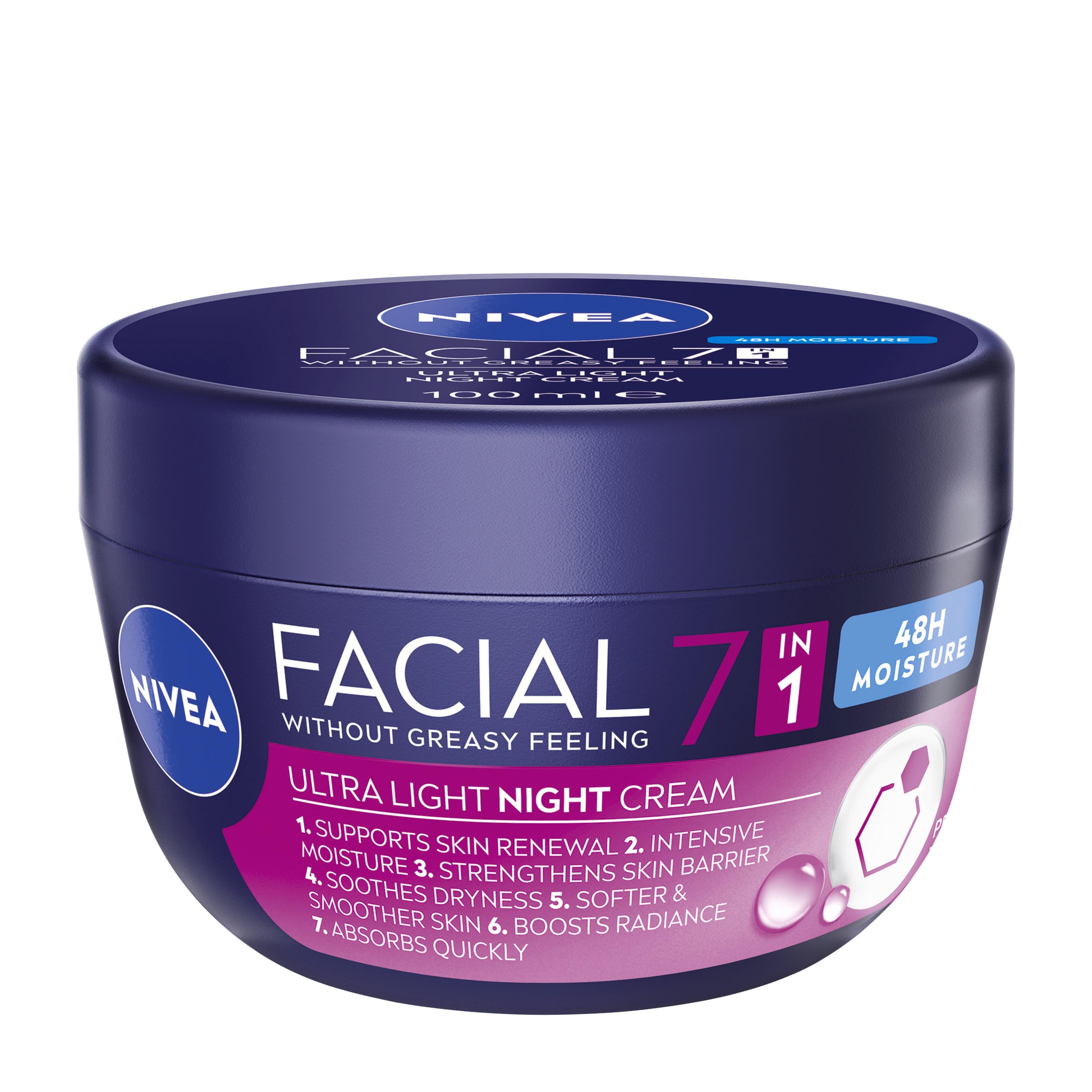 Nivea Facial Ultra Light Night cream jar with blue and pink design on a white background