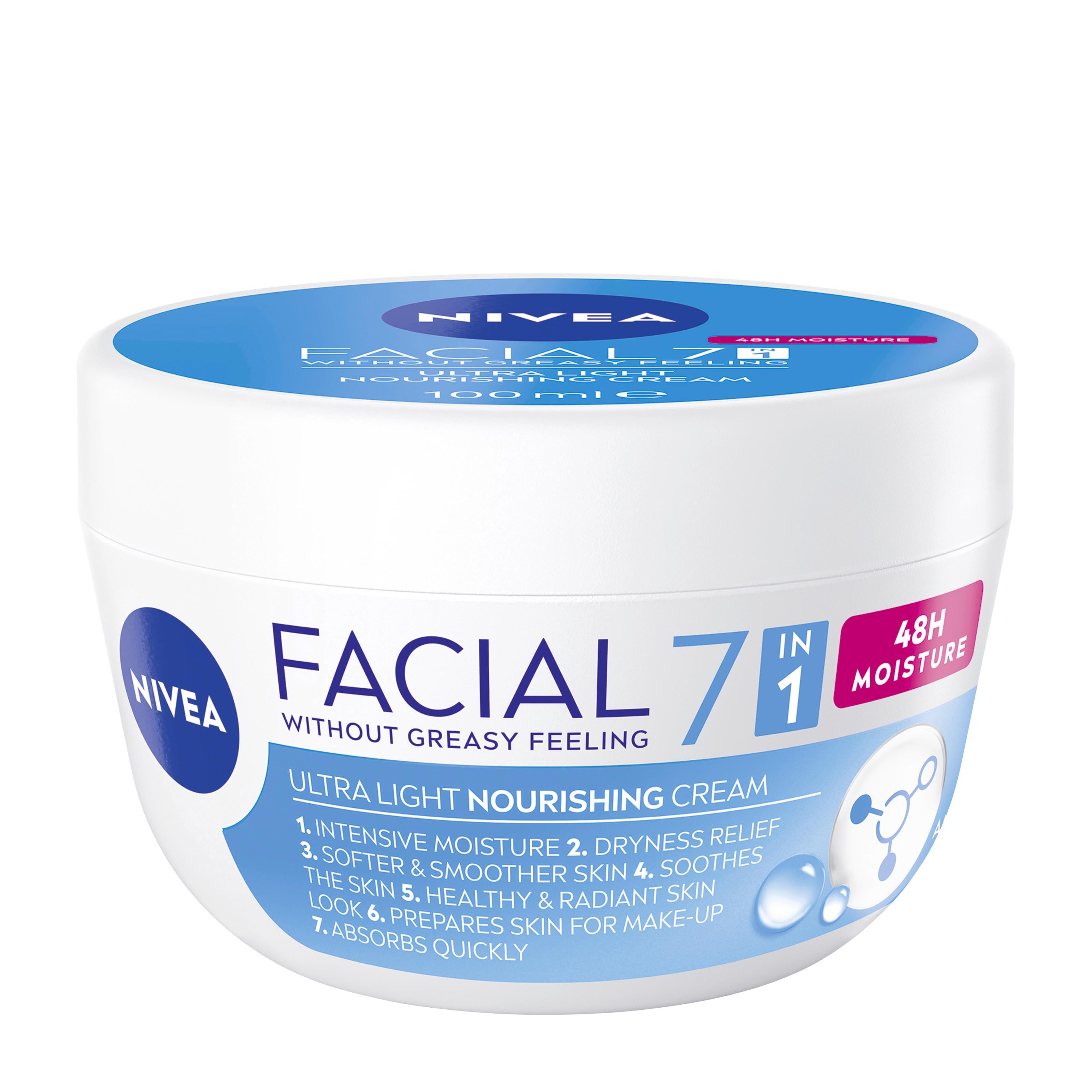 Nivea Facial Ultra Light Nourishing face cream jar with blue and white label on a white background