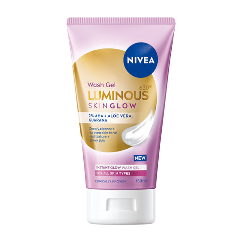 Nivea Luminous 630 Skin Glow Face Wash Gel tube on a white background.