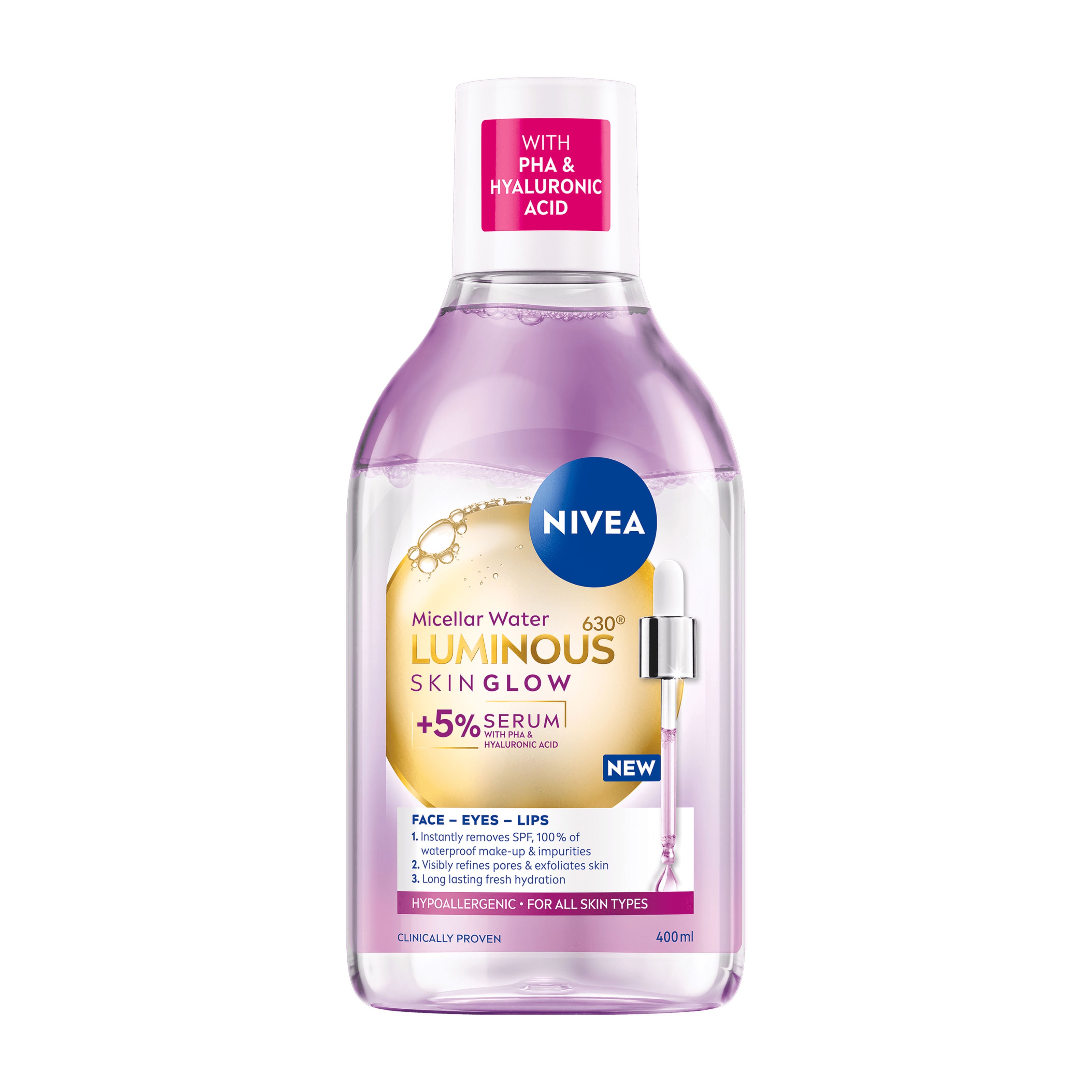 Nivea Luminous630 Skin Glow micellar water bottle on a white background