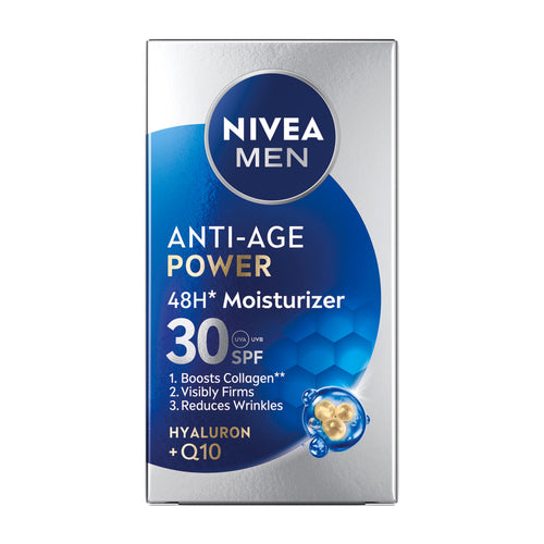 Nivea Men Anti-Age Power 48H Moisturizer SPF 30 box packaging, featuring a metallic silver background with a large blue circular graphic and white and gold text.