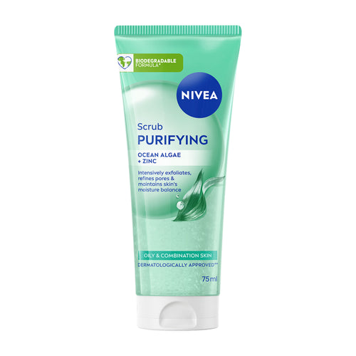 Nivea Purifying Scrub tube on a white background