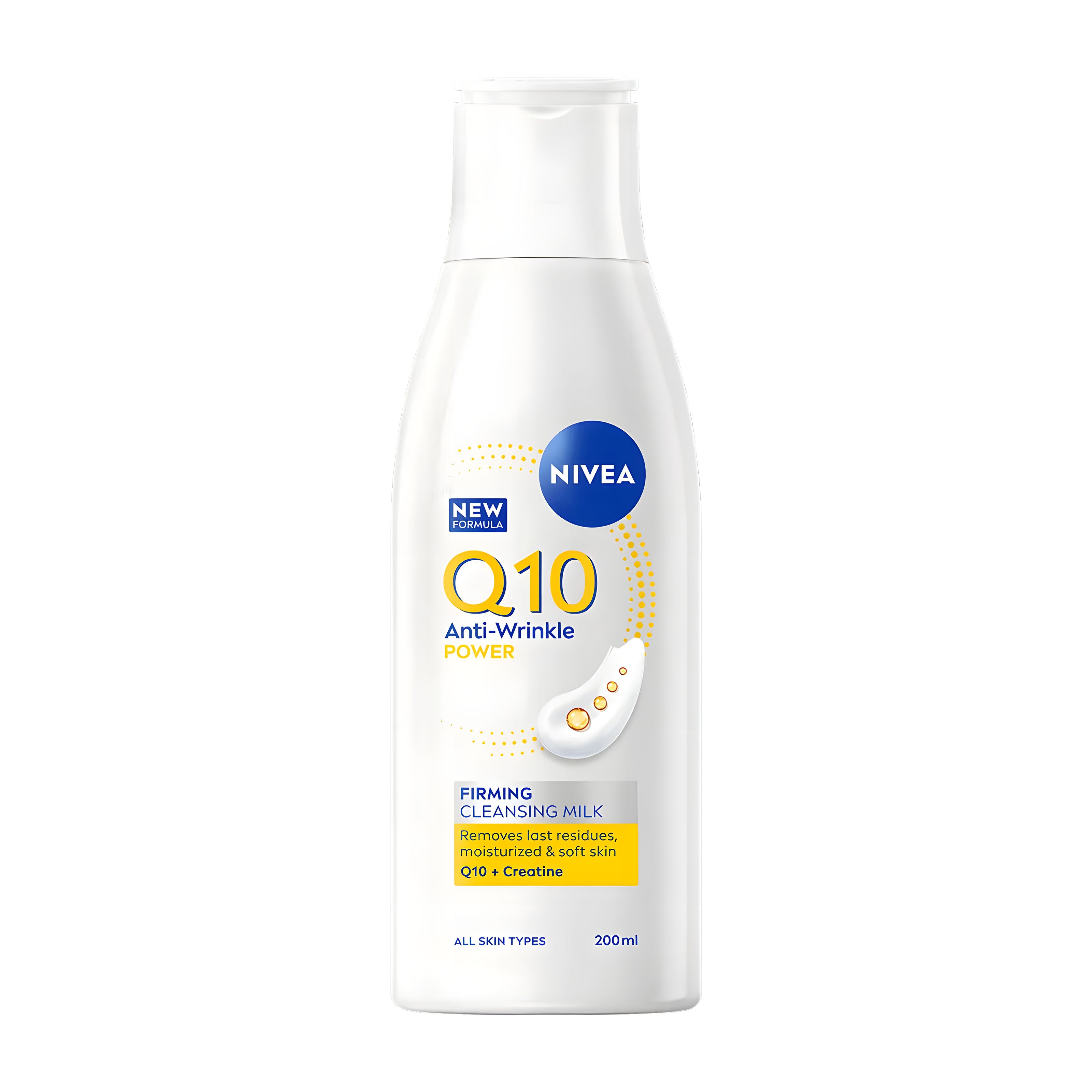 Nivea Q10 Power Anti-Wrinkle Firming Cleansing Milk bottle on a white background