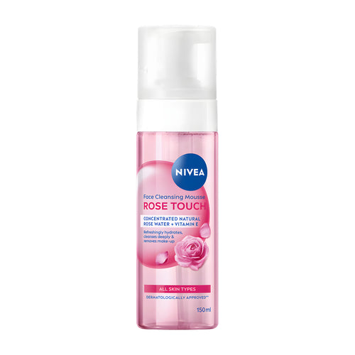 Nivea Rose Touch face cleansing mousse pump bottle on a white background