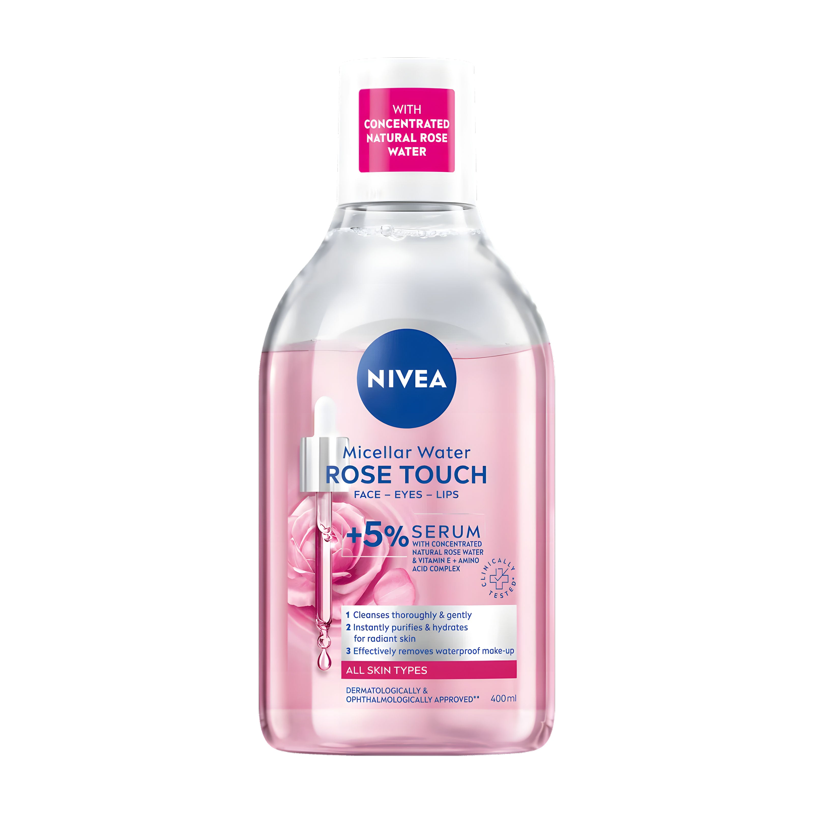 Nivea Rose Touch micellar water bottle on a white background.
