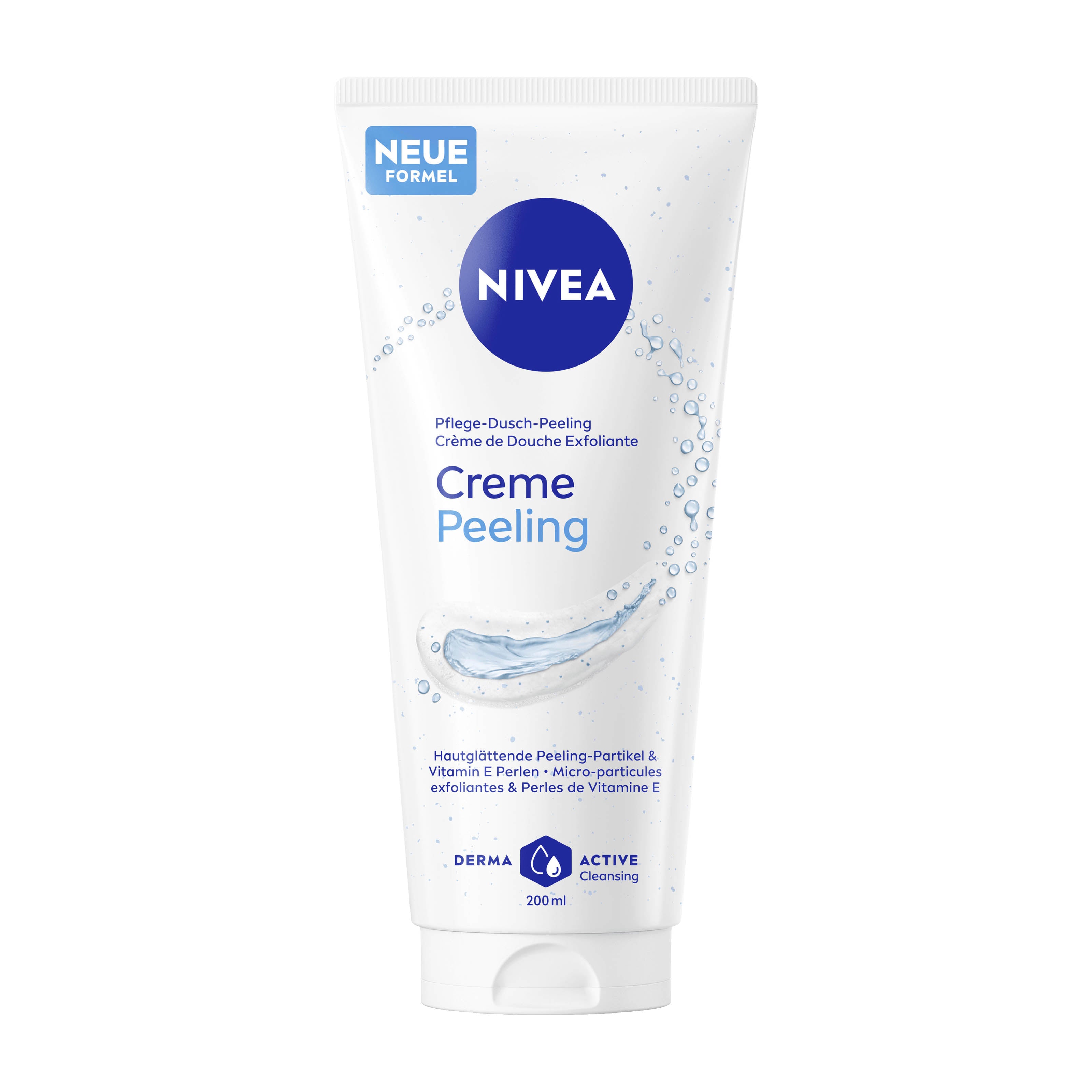 Nivea Creme Peeling shower scrub tube on a white background.