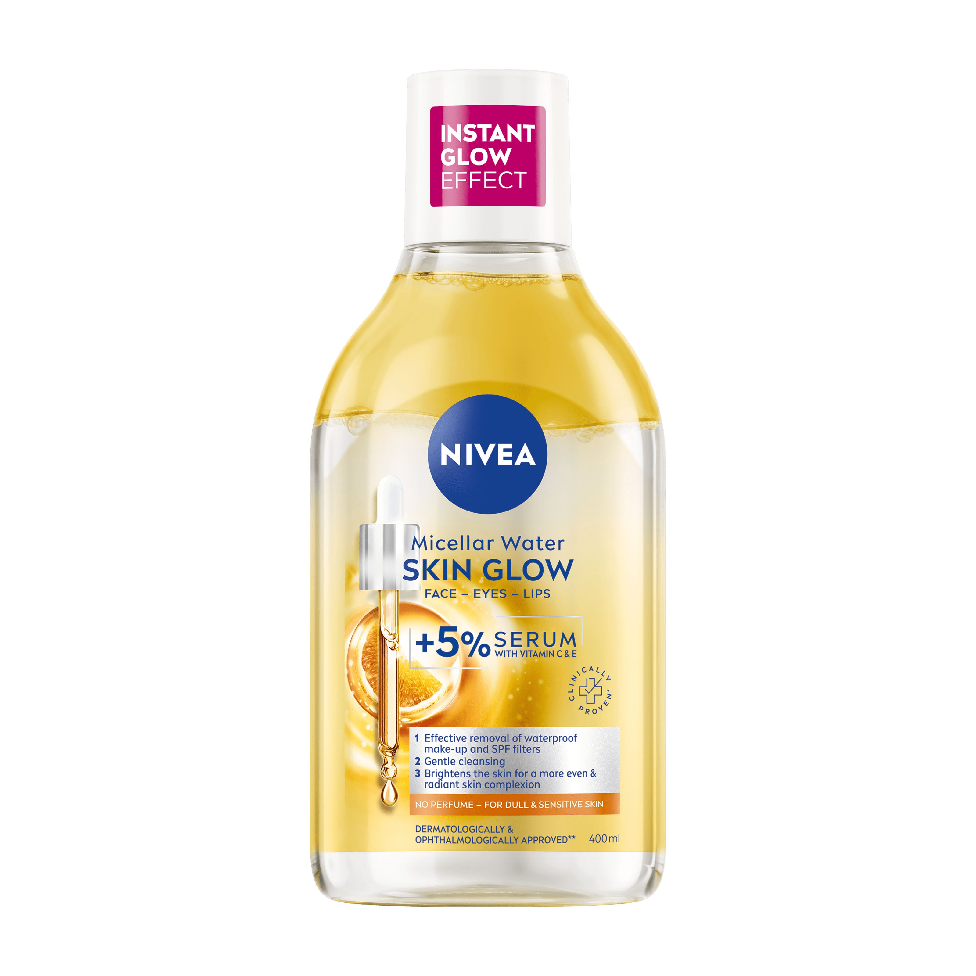 Nivea Skin Glow Micellar Water bottle with serum on a white background