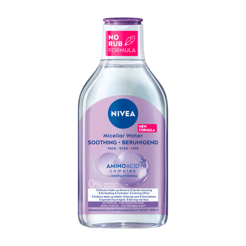 Nivea Soothing micellar water bottle with purple label on a white background