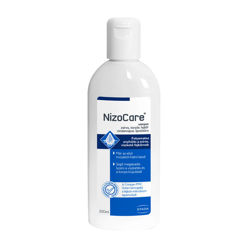 Plastic bottle of NizoCare Shampoo for Oily, Dandruff-Prone Hair on a white background.