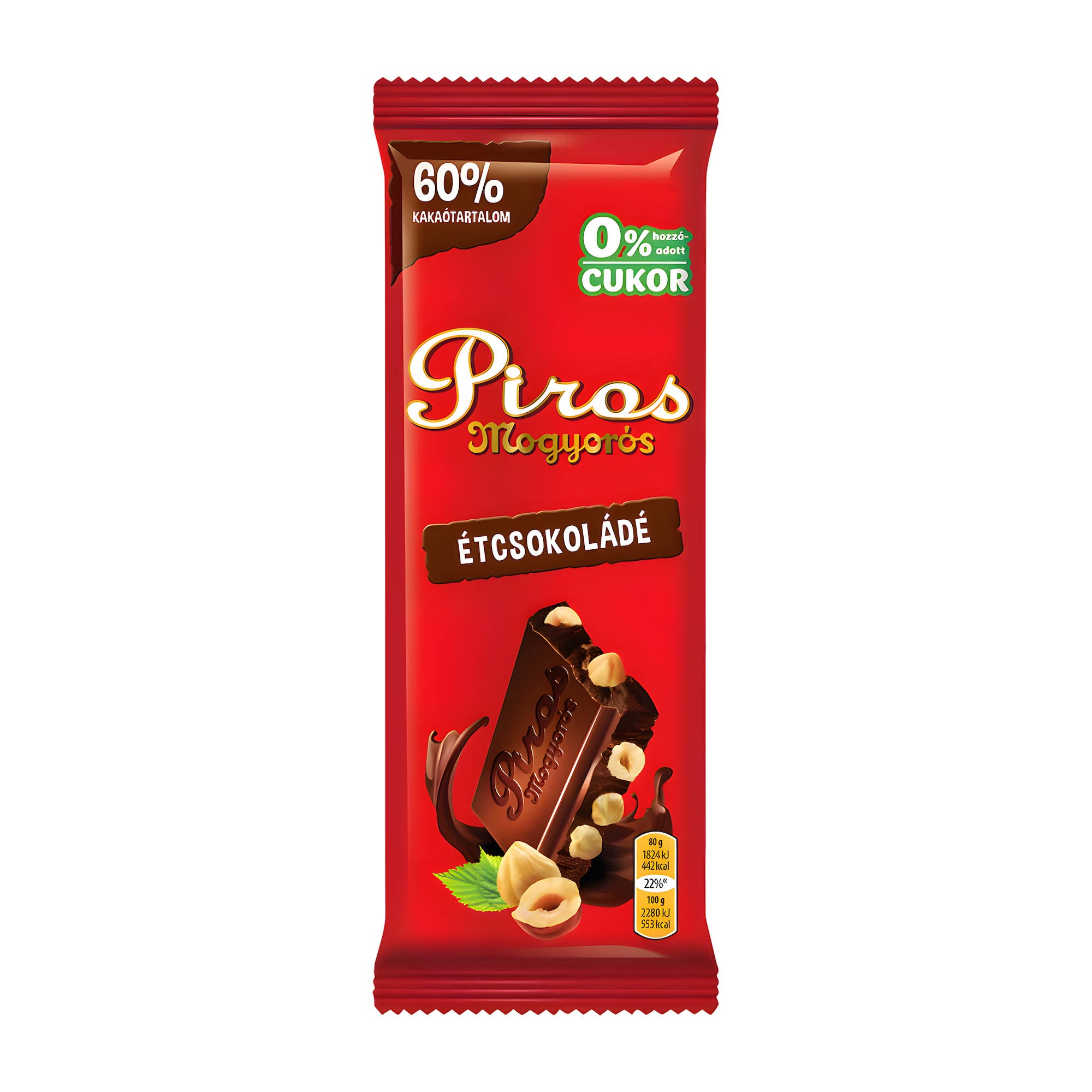 Piros Mogyorós Tablette de chocolat noir sans sucre ajouté, 80 g