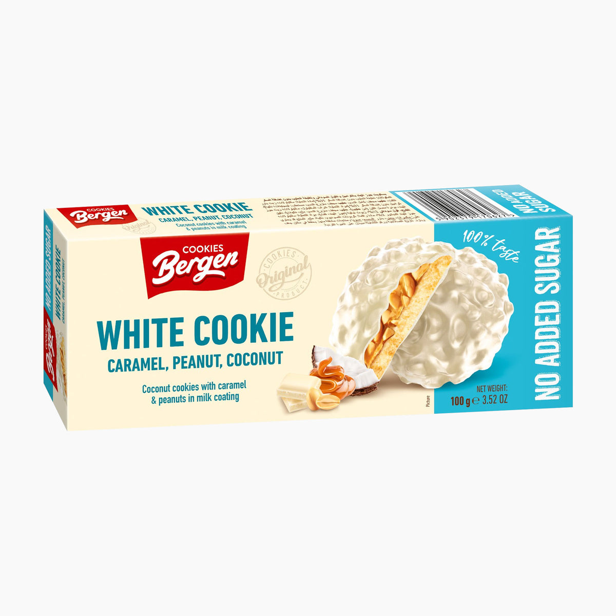 A 100g box of Bergen White Cookies Caramel, Peanut, Coconut on a clean white background. The packaging features a cream-colored background with a red brand logo, blue text, and an illustration of the white, crumbly cookie with a sliced piece showing the caramel and coconut filling.