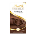 Packaging of Lindt No Sugar Added dark chocolate bar, showing the bar and the brand's logo.