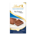 Packaging of Lindt No Sugar Added milk chocolate bar, showing the brand logo, product image, and text description.