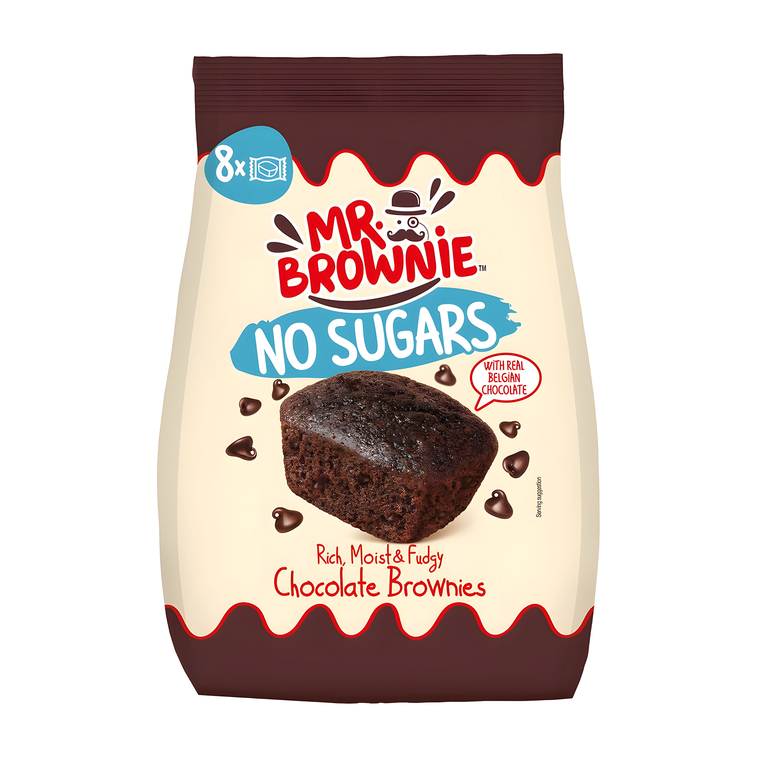 Pack of Mr Brownie No Sugars chocolate brownies on a white background