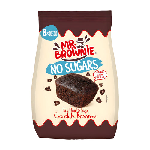 Pack of Mr Brownie No Sugars chocolate brownies on a white background