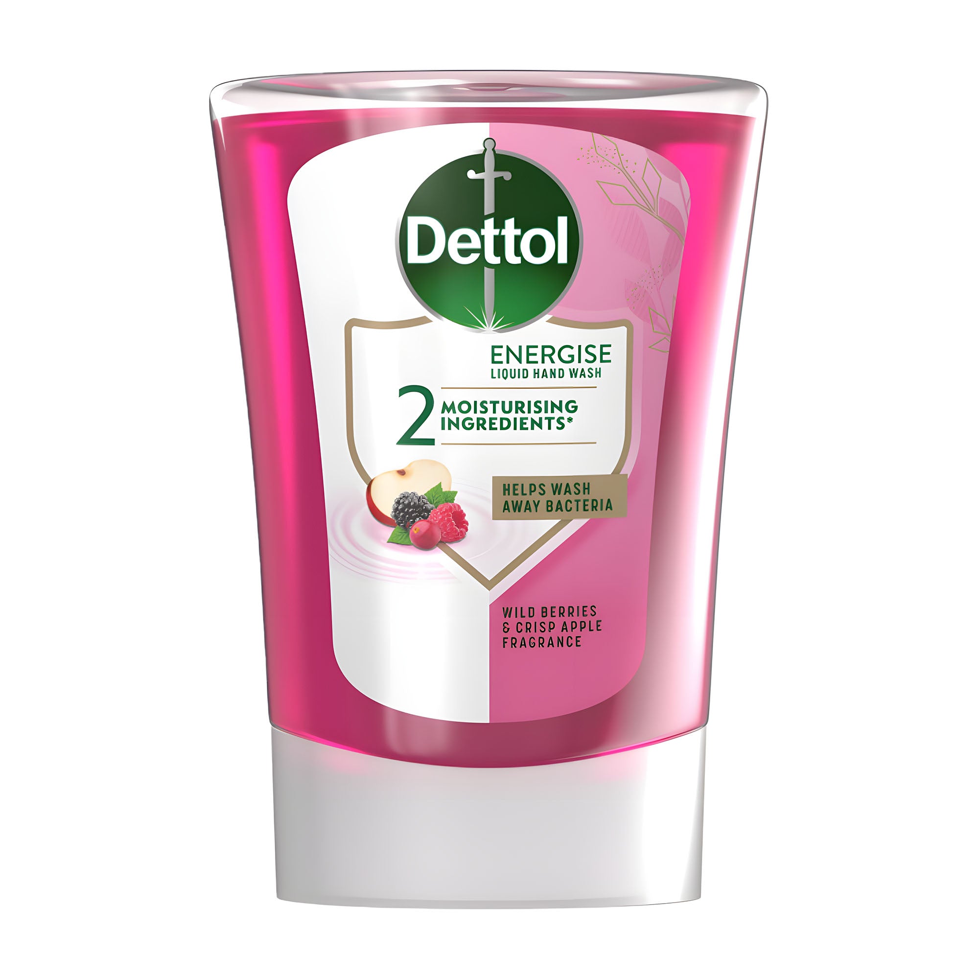 Dettol Energise no touch refill hand wash bottle with pink and white design on a white background
