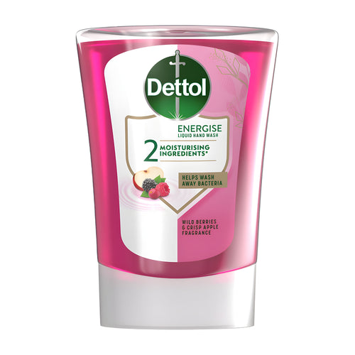 Dettol Energise no touch refill hand wash bottle with pink and white design on a white background