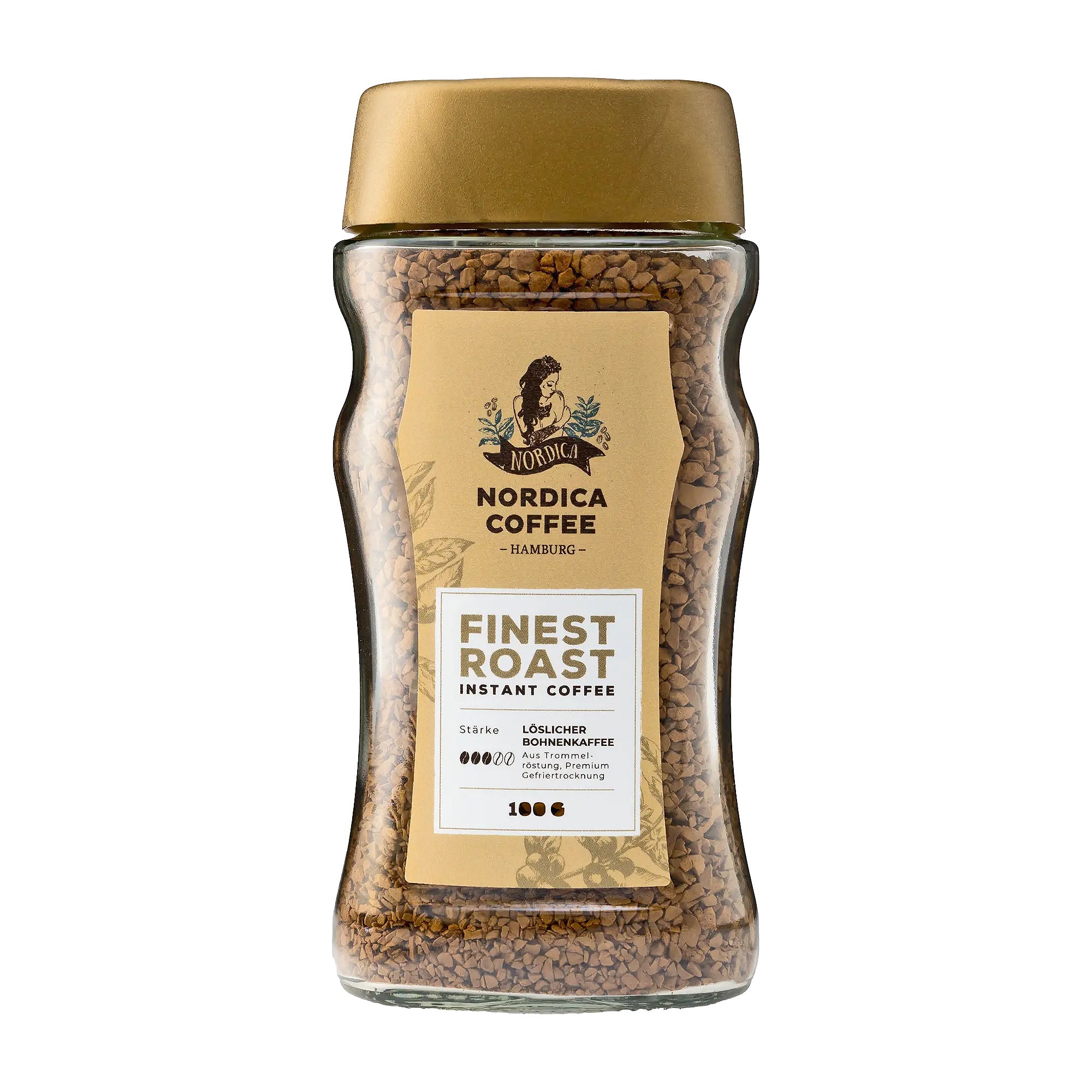 Nordica Finest Roast instant coffee jar on a white background