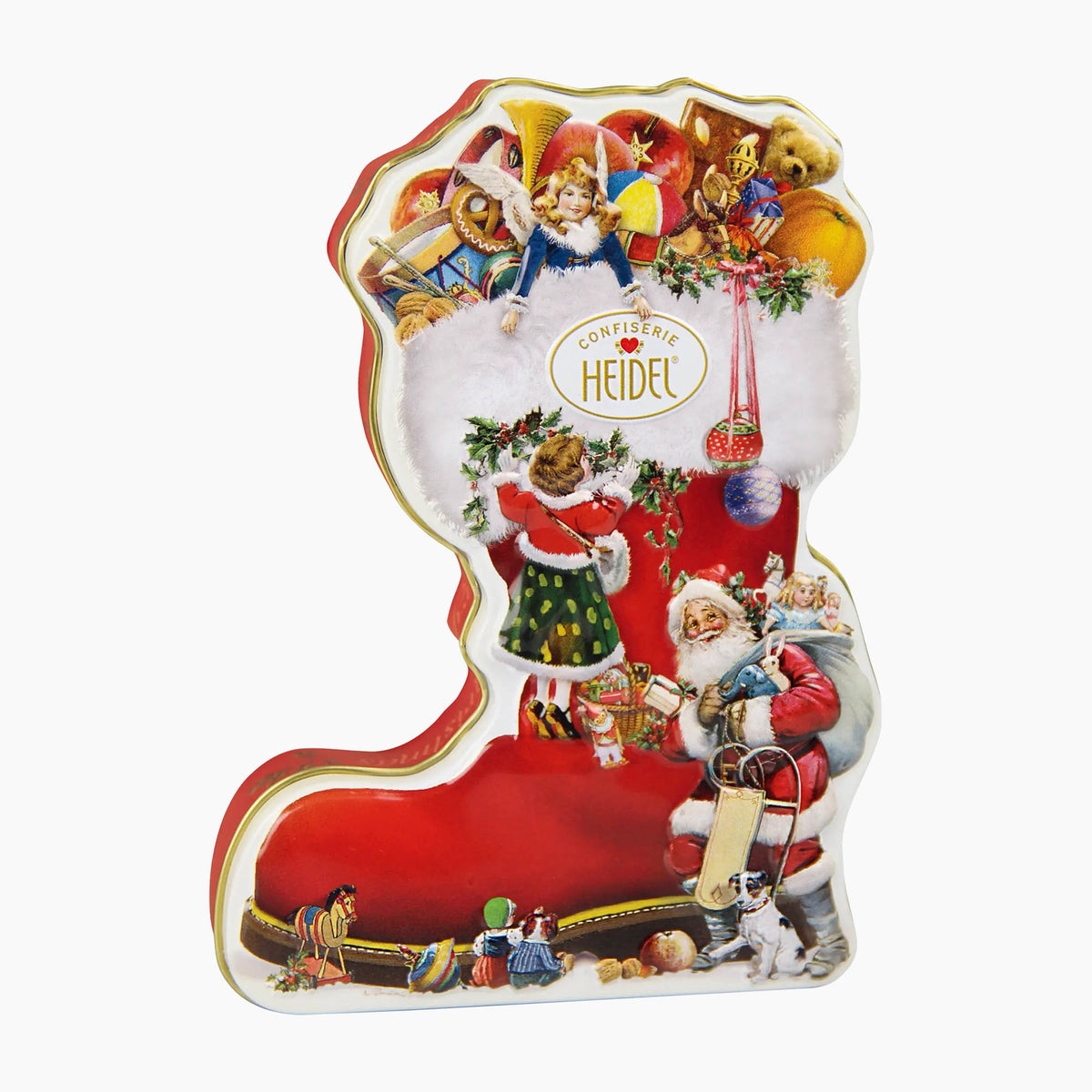 A festive Christmas Nostalgia boot-shaped chocolate tin by Confiserie Heidel, featuring illustrated Santa Claus, a child, angels, ornaments, and holiday decorations on a white background.