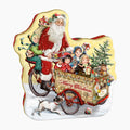 A vintage-style Heidel Christmas Nostalgia Cargo Bike Gift Tin, featuring Santa Claus riding a cargo bike with children, gifts, a Christmas tree, snow, and the words “Merry Christmas” on a light gray background.
