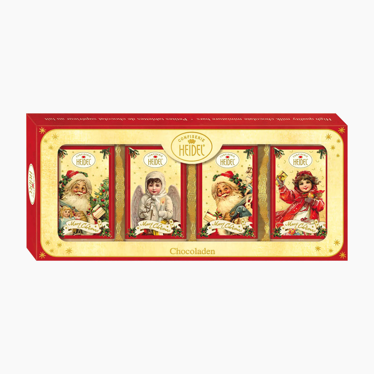 A box of Heidel Christmas Nostalgia Chocolate Gift milk chocolates in a red and gold gift box, shown on a plain white background.