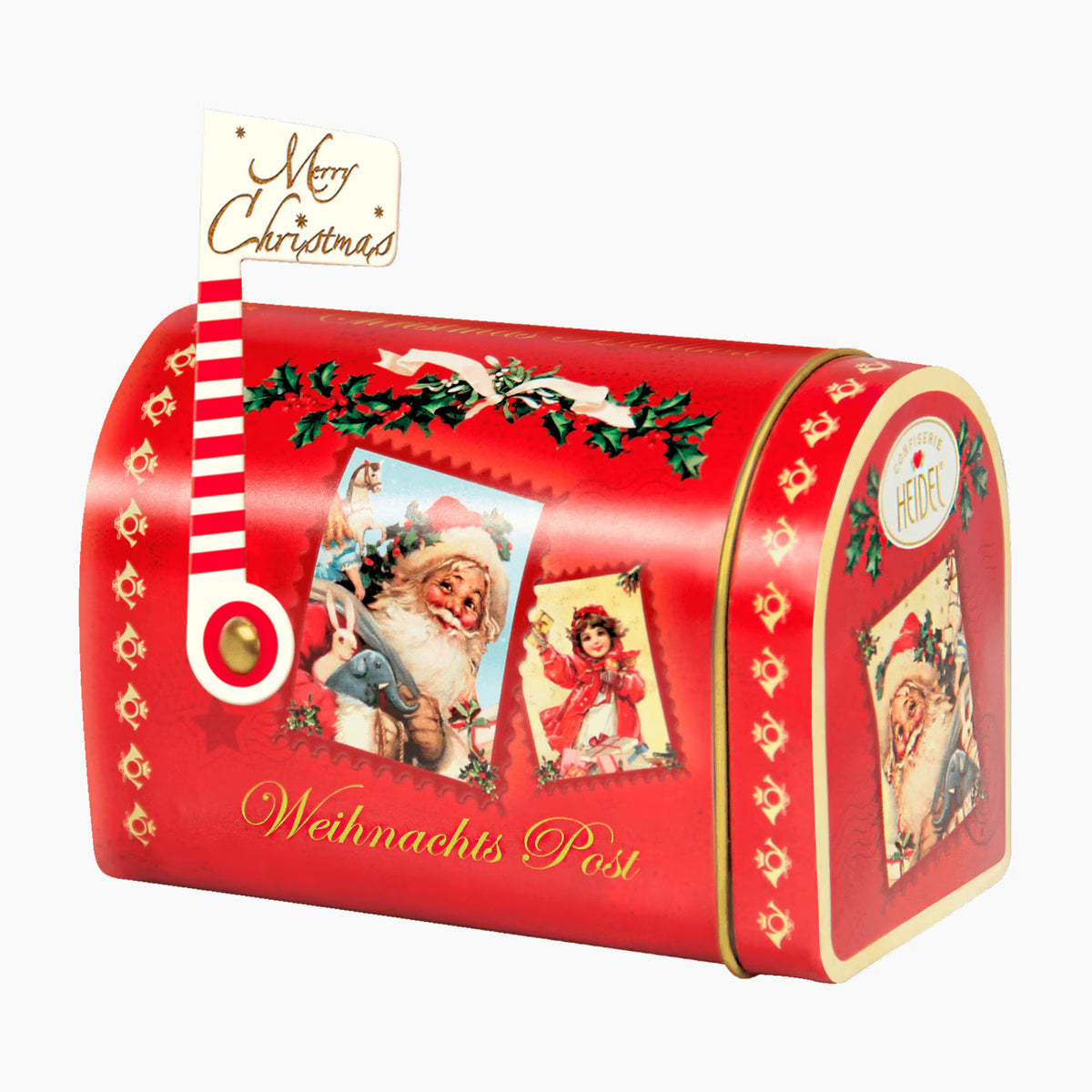 A red Christmas-themed Heidel Christmas Nostalgia Mailbox with vintage holiday illustrations, including Santa Claus and a child, along with a small 'Merry Christmas' tag on a white background.