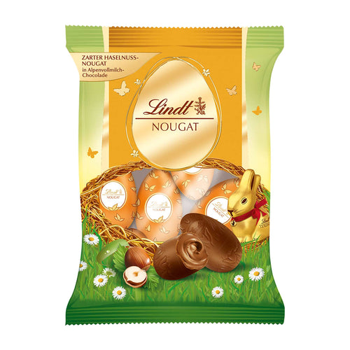 Lindt Nougat Eggs packaging on a white background.