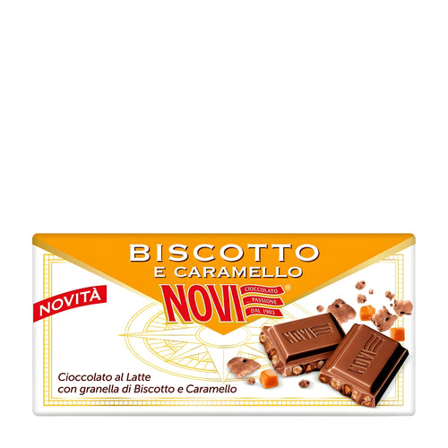 Biscotto e Caramello Chocolate bar packaging with 'NOVI' branding on a white background