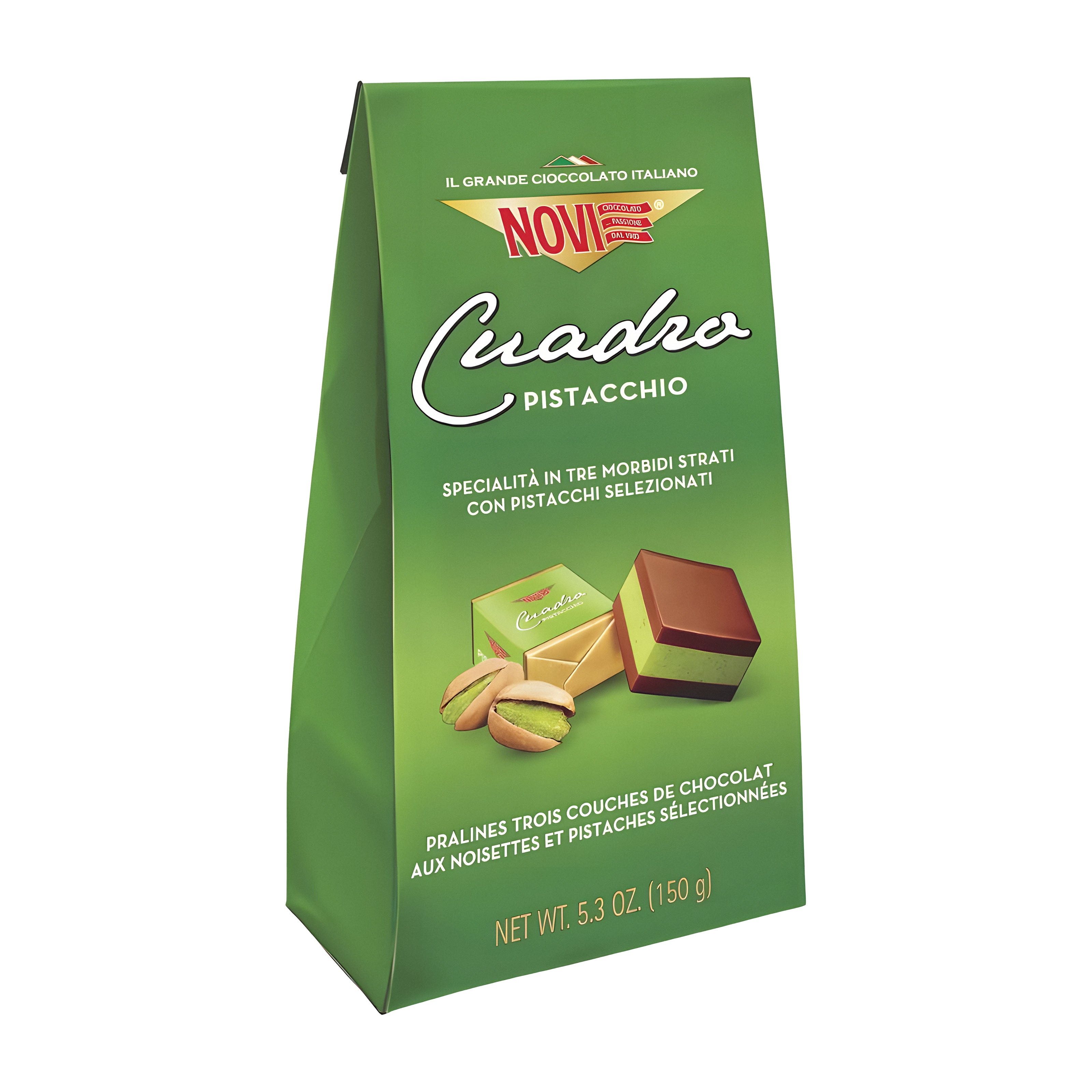 Green packaging of Novi Cuadro Pistacchio Cream pralines with product images and text.