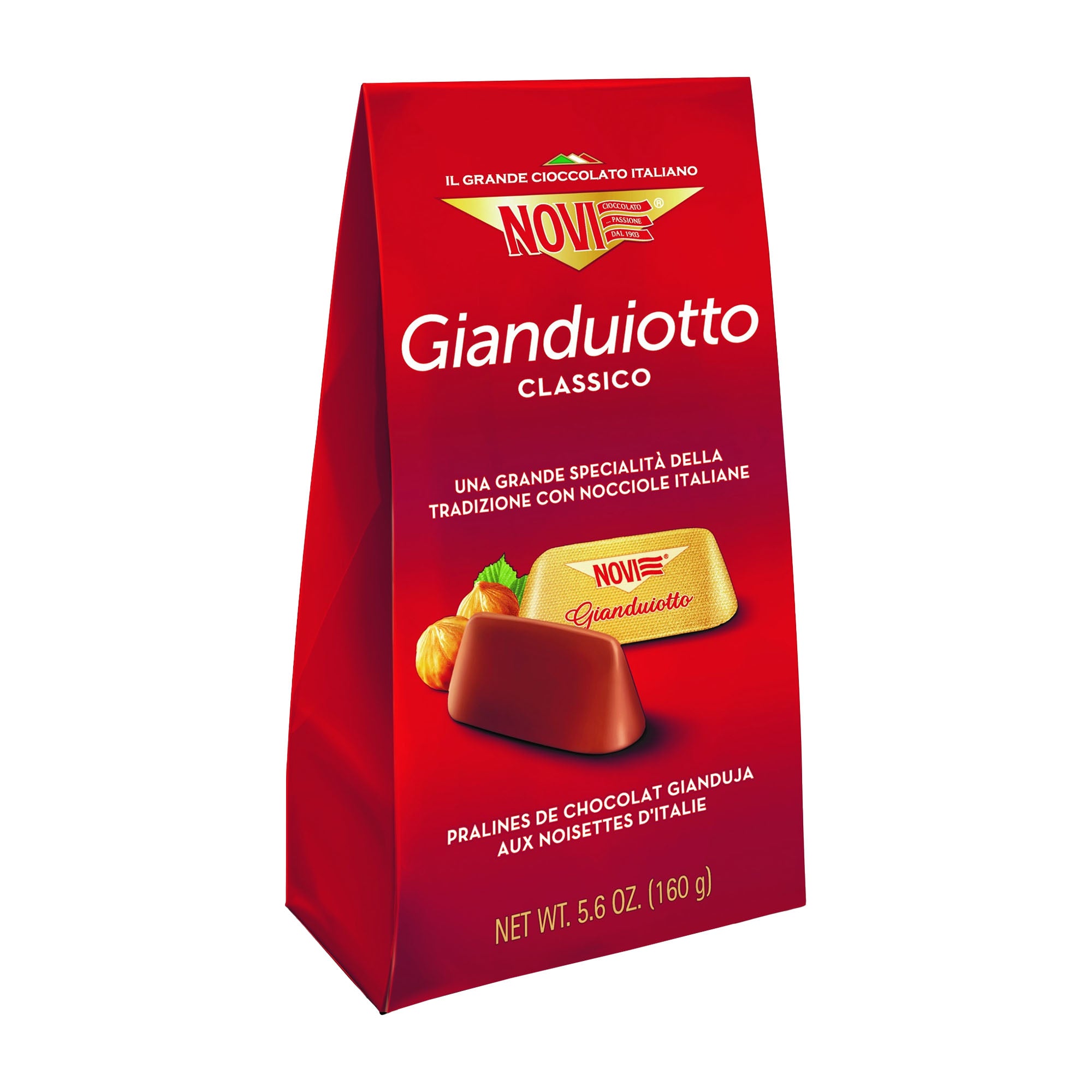 Red packaging of Novi Gianduiotto Classico pralines on a white background