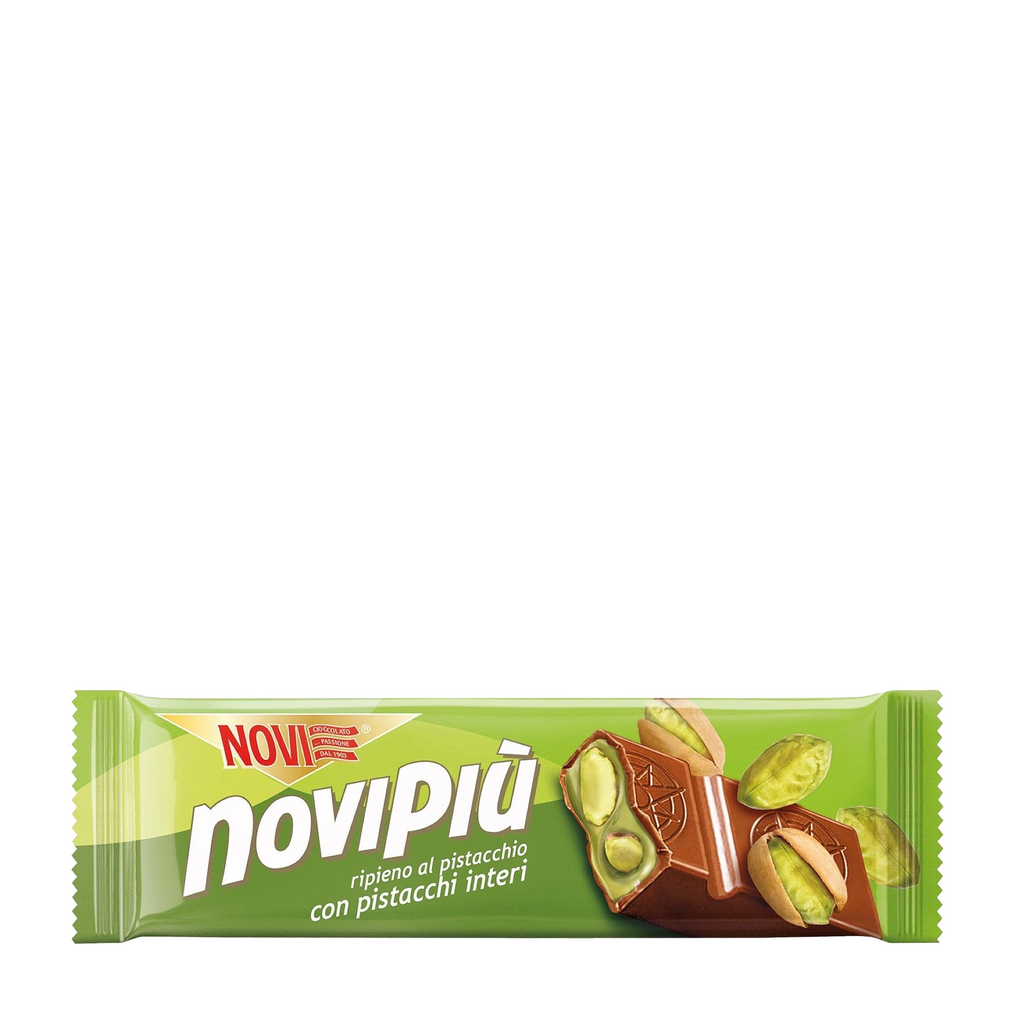 Novi Novipiu Pistachio milk chocolate bar packaging on a white background.