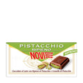 Packaging of NOVI Pistacchio Ripieno milk chocolate bar, showing the chocolate bar and pistachios with the text 'Pistacchio Ripieno NOVI' on the top.