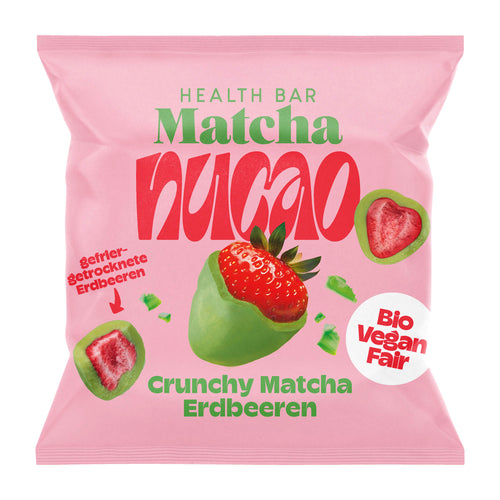 Pink package of nucao Crunchy Matcha Strawberries with strawberry and matcha green tea elements on a white background.